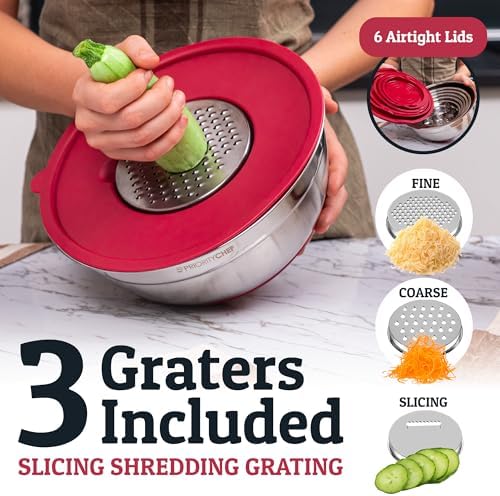 Priority Chef 6Pc Stainless Steel Mixing Bowls with Lids Set, Huge 7 Qrt Size Metal Bowl Set for Kitchen, 3 Graters, Non-Slip Bases & Silicone Utensils Set, Red