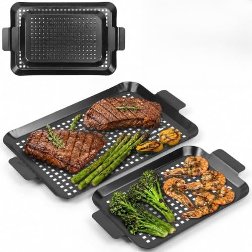 Grill topper: Set Of 2 Outdoor Grill Pans - Grill Trays with Hole Nonstick - BBQ Grilling Baskets for Outdoor Camping, Suitable for Vegetable Meat (2pcs)