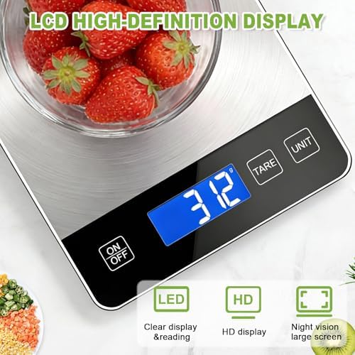 Digital Kitchen Scale, 33lb Food Scale Precisely Measures Grams and Ounces for Baking, Cooking, and Meal Prep, 304 Stainless Steel Weight Scale for Food with LCD Display, Batteries Included