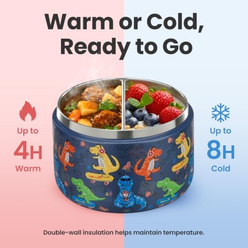 Pawtong 12oz Insulated Vacuum Food Jar with Buckle Lid Wide Mouth Soup Thermo for Hot Food Kids Leakproof Stainless Steel Lunch Container (Blue-Dinosaur)