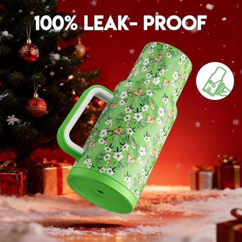 Meoky 40 oz Christmas Tumbler with Handle and Straw, Xmas Tumbler with Lid and Straw, Insulated Stainless Steel Travel Mug, for Women Men Adults (Jingle Bloom)