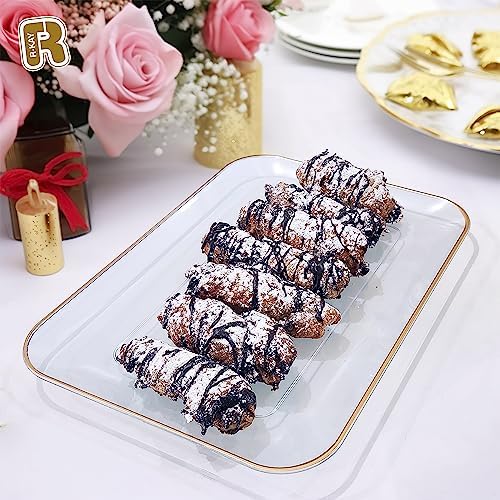 3 Pack Plastic Serving Trays for Party - Gold Serving Tray 8 x 11 Inch - Heavy Duty Dessert Trays for Food - Rectangular Party Serving Trays for Entertaining - Clear Cookie Platters