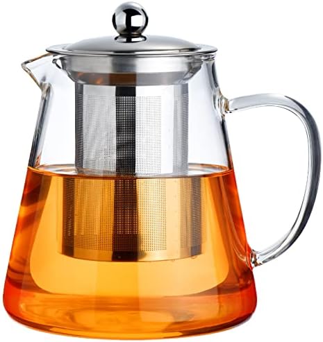 PARACITY Glass Teapot Stovetop 18.6 OZ, Borosilicate Clear Tea Kettle with Removable 18/8 Stainless Steel Infuser, Teapot Blooming and Loose Leaf Tea Maker Tea Brewer for Camping, Travel (550ML)