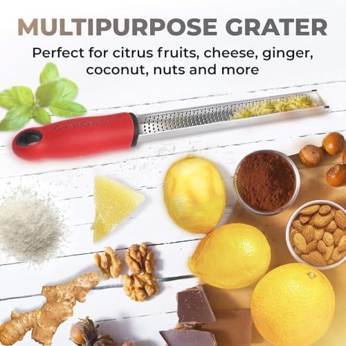 Stainless Steel Cheese Grater & Lemon Zester w/Extra Sharp Blade - Perfect for Lemon, Parmesan, Garlic, Chocolate - Spice Up any Dish in Seconds w/Your Premium Citrus Hand Grater with Handle - Red