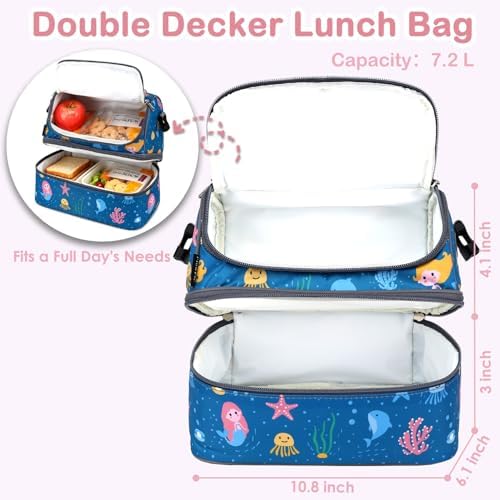 FlowFly Double Decker Cooler Insulated Lunch Bag Large Tote for Boys, Girls, Men, Women, With Adjustable Strap (Blue-Mermaid)
