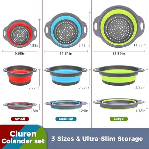 Collapsible Colander Set with Oversized Draining Tray | 3-Pack Foldable Kitchen Strainers + Base | Space Saving for Pasta, Veggies, Fruit & Rice | 5 Colors (Gray-Blue-Red-Green)