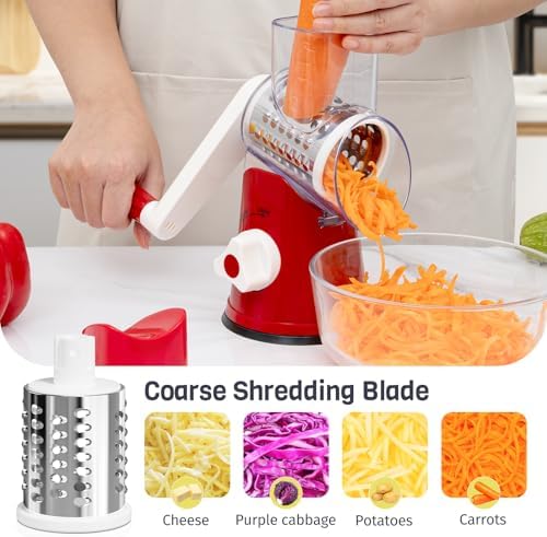 Cheese Grater Hand Crank, Rotary Cheese Shredder with 3 Interchangeable Blades for Coarse, Fine Shredding and Slicing, Strong Suction Base for Pizza, Pasta, Salad, Vegetables, Nuts, Chocolate