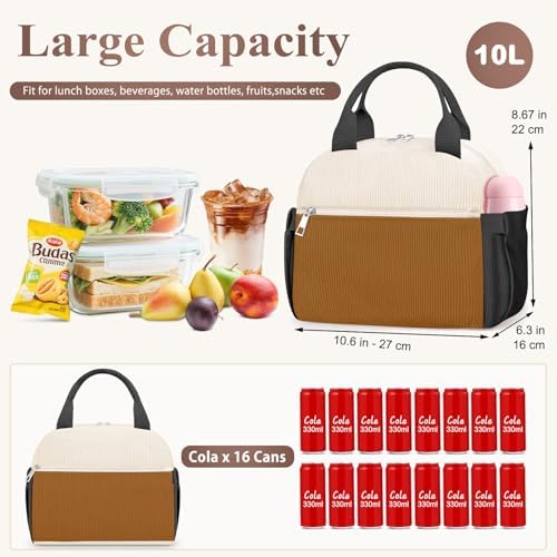 KUBYA Lunch Box for Women, Cute Grids Corduroy Insulated Lunch Bag Women Reusable Work Simple Adults Large Lunch Boxes Tote Bag Men Cooler Bag