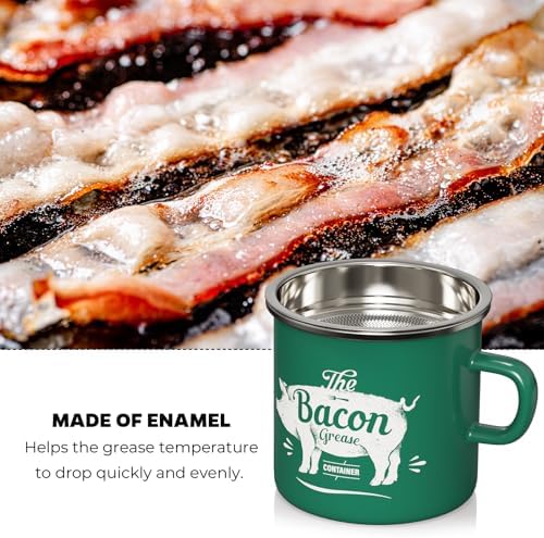 Bacon Grease Container with Strainer-15OZ Enamel Saver, Dishwasher Safe