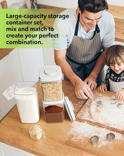Airtight Food Containers Set with One-Touch Lid, Mixed Size Set (2.8 QT / 2.65 L & 4.2 QT / 4.0 L) with Scoop, Stackable Jars for Complete Kitchen Organization.