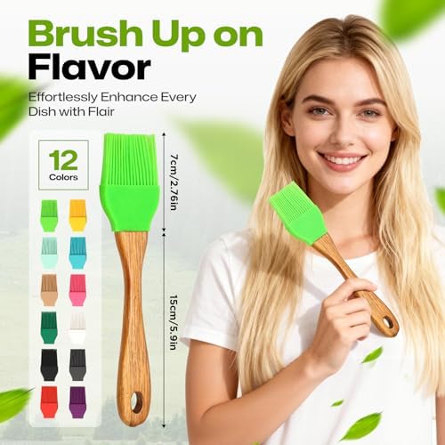 AIUHI Basting Brush for Cooking, Silicone Oil Brush with Wooden Handle, Heat Resistant Pastry Brushes with 12 Color Silicone Brush Head