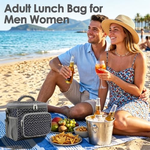 FlowFly Insulated Reusable Lunch Bag Adult Large Lunch Box for Women and Men with Adjustable Shoulder Strap,Front Zipper Pocket and Dual Large Mesh Side Pockets,Alphabet