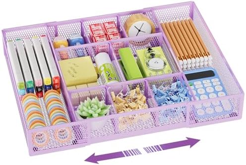 Marbrasse Expandable Desk Drawer Organizer, Mesh Drawer Organizer Tray with 10 Adjustable Compartments, Desk Organizers and Accessories for Office Supplies, Makeup & Vanity (Expandable-Purple)