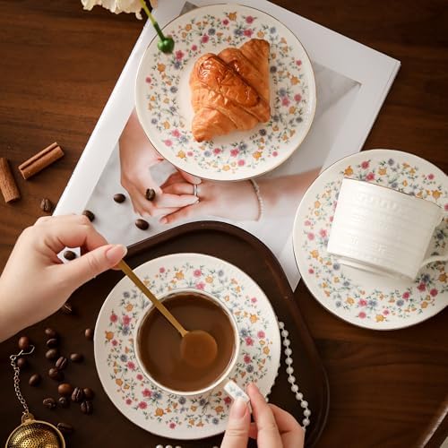 Country Roses Porcelain Tea Cup and Saucer Set with Gold Trim, Vintage Style, For Women and Tea Parties (1, P)