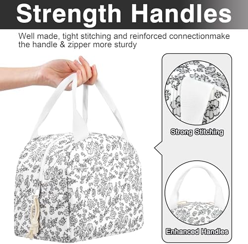 TESAFNG Lunch Bag - Insulated Lunch Box for Women, Reusable Large Capacity Cooler Bag for Adult, Small Leakproof Cute Corduroy Lunch Tote for Work Office Travel Picnic (Corduroy White-Floral)
