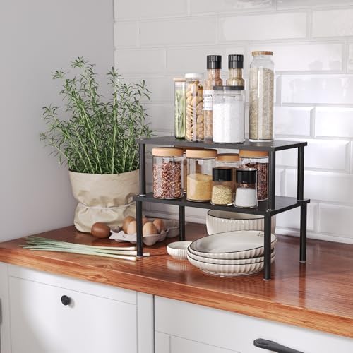 VERTORGAN 2 Pack Cabinet Organizer Shelf,Bamboo Countertop(Large,Black)