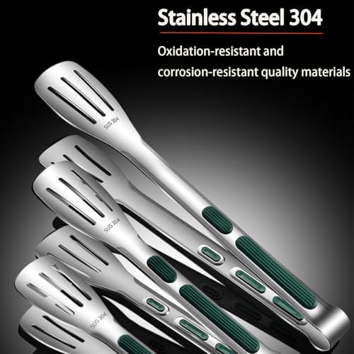 Stainless Steel Kitchen Tong Set - Anti-Slip Heat-Resistant Grip, Widened 3-Line Slotted Heads for Easy Clamping (Steaks, BBQ, Pasta, Salads), Easy Clean for Versatile Use Set of 3-6" 9" 11", Green