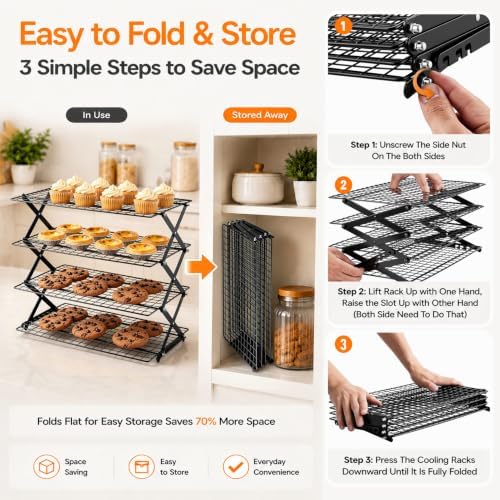 P&P CHEF 4 Tier Collapsible Cooling Racks, Stackable Bakers Rack,Black