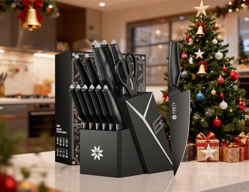 ASETY Kitchen Knife Set, 15 PCS Knife Block Set, Dishwasher Safe, Black