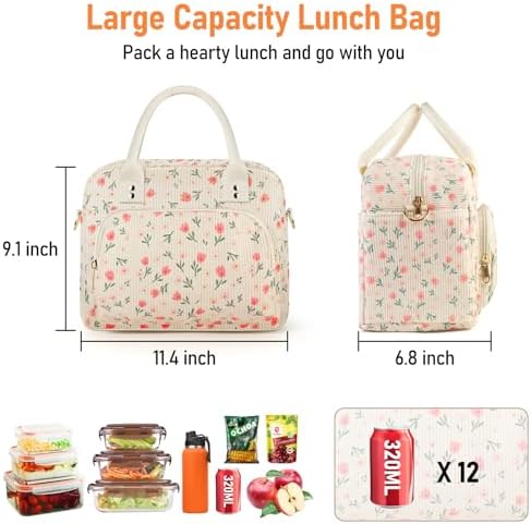 Lunch Bag Large Insulated Lunch Box for Women Men Adult Cute Pink Floral Lunchbox Corduroy Lunch Bags Boxes Pail with Shoulder Strap for Work Mom Picnic Office Travel 11.4×6.8×9.1 inches 11.5L Beige