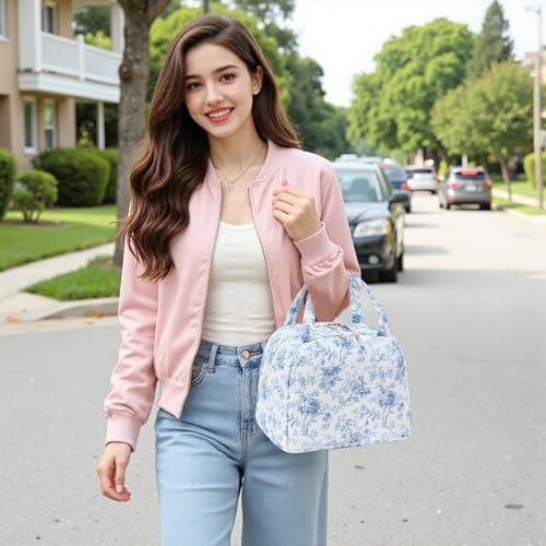 Bluboon Lunch Box for Women Cute Lunch Bag Reusable Insulated Lunch Bags Large Capacity Lunchbox Cooler for Work Picnic or Travel Gifts (Blue Roses Floral, 10 x 7.5 x 8 inches)
