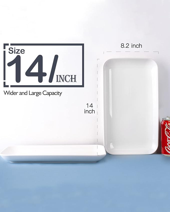 DELLING 14 Inch Large Serving Platter Set of 3, White Porcelain Serving Trays for Entertaining, Rectangular Platters for Turkey Meat Appetizer Party, Oven Microwave Dishwasher Safe Dinnerware