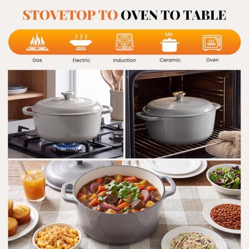 Sweetcrispy 6 Qt Enameled Cast Iron Dutch Oven Pot with Lid, Grey