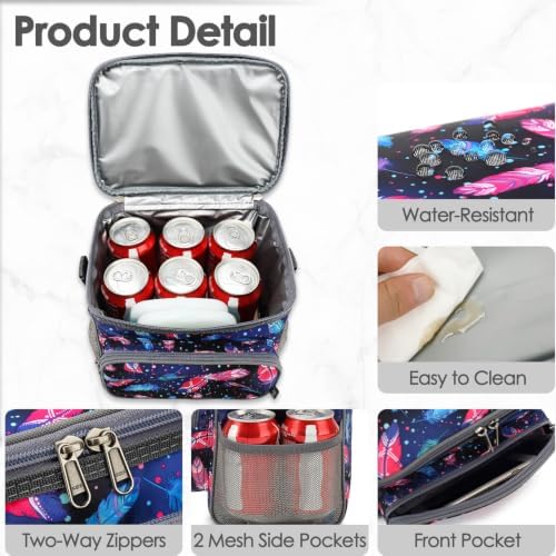 FlowFly Insulated Reusable Lunch Bag Adult Large Lunch Box for Women and Men with Adjustable Shoulder Strap,Front Zipper Pocket and Dual Large Mesh Side Pockets,Feather