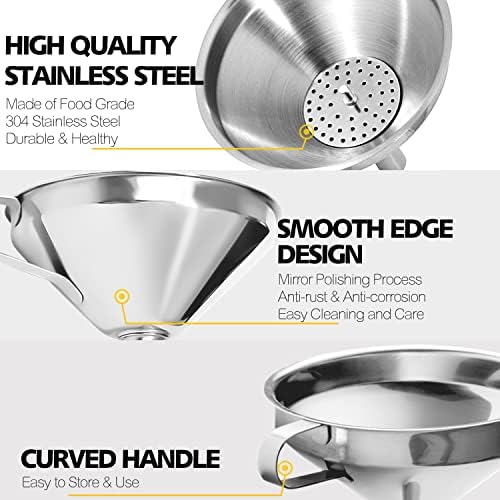 Anaeat Stainless Steel Kitchen Funnel, Multi-Use Premium Metal Food Grade Cooking Funnels with 2 Removable Strainer Filter for Transferring Liquid or Dry ingredients, Oils & 1 Pc Cleaning Brush (5.7")
