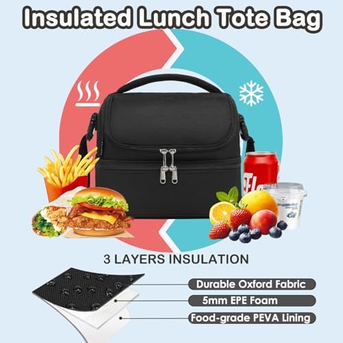 FlowFly Double Decker Cooler Insulated Lunch Bag Large Tote for Boys, Girls, Men, Women, With Adjustable Strap,Black