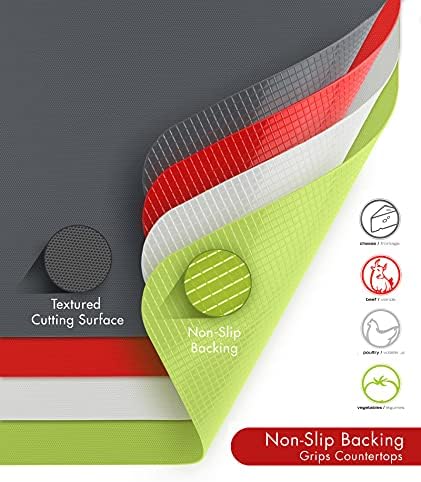 Dexas Heavy Duty Cutting Board Grippmat, Flexible Cutting Boards for Kitchen, Set of 4, Non Slip Plastic Board Cutting Mat 11.5 by 14 Inches Gray, Red, White and Green Set, Kitchen Gadgets
