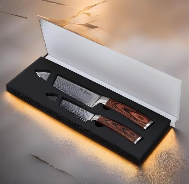 Wakoli EDIB 2-Piece Damascus Kitchen Knife Set – Santoku & Small Santoku with VG10 Core made of 67-Layer Damascus Steel Blades – Professional Chef Knives with Ergonomic Pakkawood Handles in Gift Box