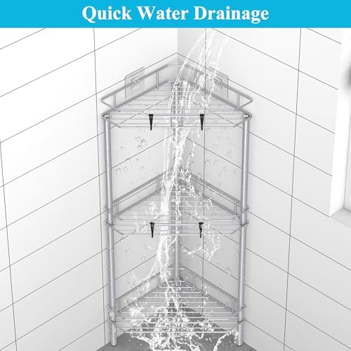 HuggieGems Metal Floor Standing Corner Shower Caddy, Silver, 3 Tier