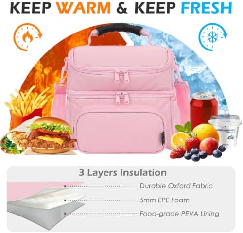 FlowFly Double Layer Cooler Insulated Lunch Bag Adult Lunch Box Large Tote Bag for Men, Women, With Adjustable Strap,Front Pocket and Dual Large Mesh Side Pockets