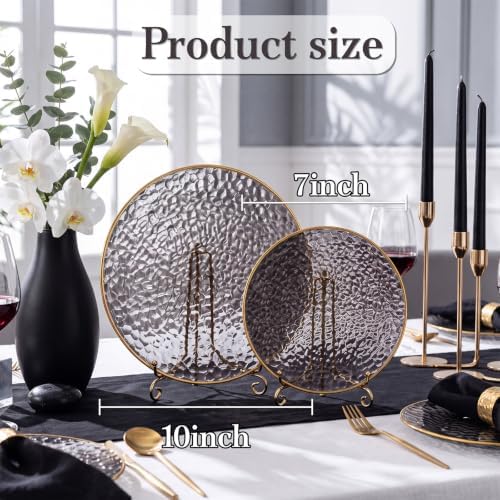 Rubtlamp 60Pcs Black Plastic Plates, Black Disposable Plates With Gold Rim, Clear Heavy-duty Party Plates, Hammered Plastic plates Include 30 Dessert Platos, 30 Dinner Platos for Party