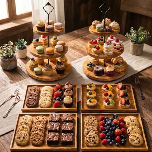 6pcs Wooden Dessert Table Display Set, 3 Tier Cupcake Stand Set with Serving Trays, Rustic Dessert Display Stand, Cake Stand Set for Wedding Dessert Table, Birthday, Baby Shower, Party Food Display, Home Decor