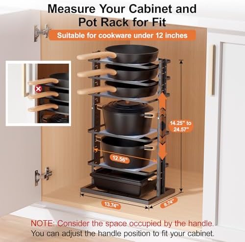 LAMU Pots and Pans Organizer for under Cabinet, 6-Tier Heavy Duty Pan Pot Organizers inside Cabinet Adjustable 14 to 24.57", Pot Rack Kitchen Cabinet Organization and Storage Holds up to 12" Cookware