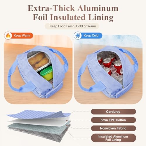 KUBYA Lunch Box for Women, Cute Grids Corduroy Insulated Lunch Bag Women Reusable Work Simple Adults Large Lunch Boxes Tote Bag Men Cooler Bag