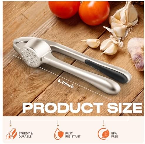 Kitchen Garlic Press, Rust Proof & Dishwasher Safe Garlic Mincer, Durable Garlic Crusher Set with Peeler＆Brush, Easy to Clean and Squeeze, Matte