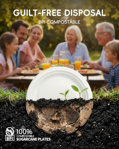 Goodluck 6 Inch White Compostable Sugarcane Paper Plates, 100 Pack