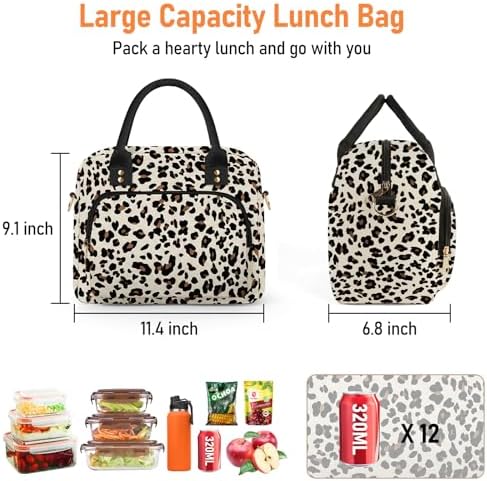 Lunch Bag Large Insulated Lunch Box for Women Adult Cute Lunchbox Lunch Bags Boxes Pail with Shoulder Strap for Work Mom Picnic Office Travel 11.4×6.8×9.1 inches 11.5L (Leopard)