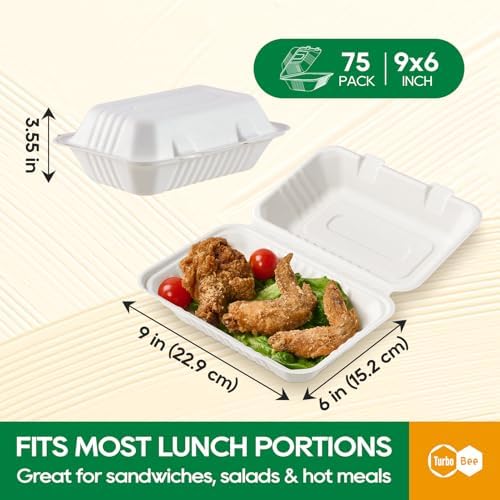 Turbo Bee 75 Pack White Compostable Take Out Containers, 9x6 Disposable Food Containers with Lids, Heavy Duty Clamshell To Go Boxes for Restaurant, Catering, Meal Prep & Lunch