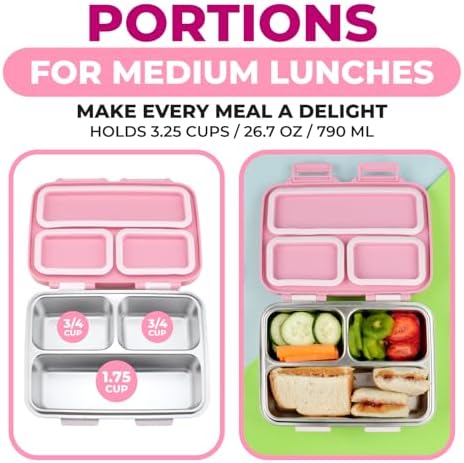 kinsho Stainless Steel Bento Box Lunch Container for Kids Adults, Pink