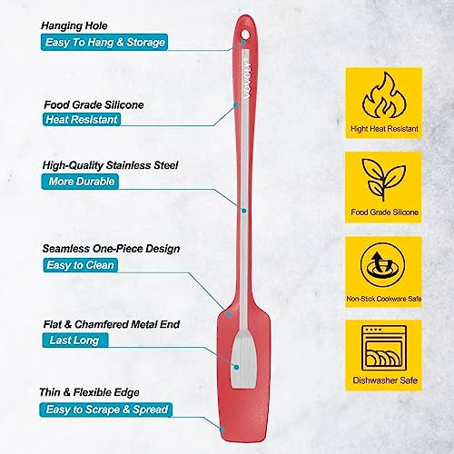 2-Pack Vovoly Silicone Jar Spatula, Long Handle Jar Spatulas, High Heat Resistant Small Rubber Spatula, Seamless Design, Stainless Steel Core, BPA Free, Red