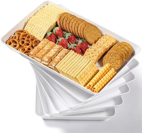 6 Pack, 16" x 11" Large White Serving Trays Set - Reusable Plastic Serving Platters for Cookie, Appetizer, Charcuterie, Snack, Dessert, Party Food Display - Stackable Kitchen CounterTop Tray, BPA Free