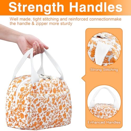 TESAFNG Lunch Bag - Insulated Lunch Box for Women, Reusable Large Capacity Cooler Bag for Adult, Small Leakproof Cute Corduroy Lunch Tote for Work Office Travel Picnic (Corduroy Orange-Flower)