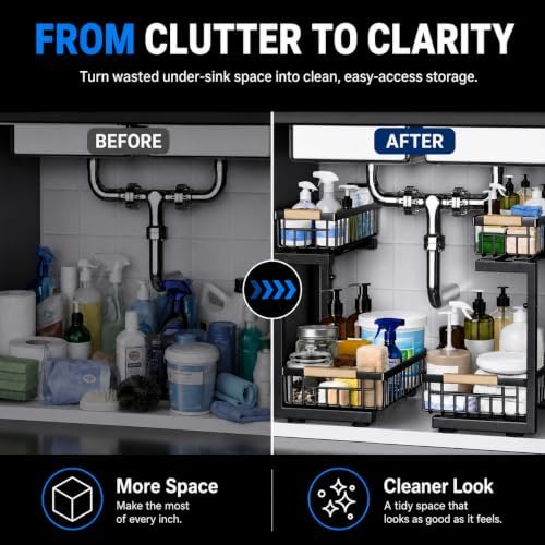 Under Sink Organizer 2 Pack, Double Slide Out Metal Shelf, Black