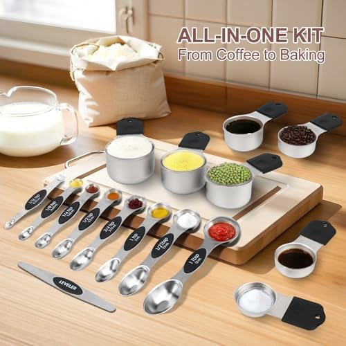 16-Piece Magnetic Measuring Cups and Spoons Set, Stainless Steel, Black