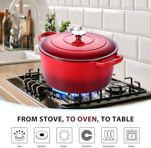 E-far Enameled Cast Iron Dutch Oven with Lid, 6 Quart Round Dutch Oven Pot Nonstick Cookware for Braising, Stews, Roasting, Bread Baking, Cooking, Heavy Duty, Induction & Oven Safe - Red