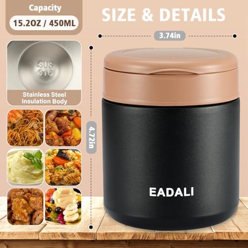 Eadali 15.2oz Kids Food Jar for Hot Food – Vacuum Insulated Lunch Container with 316 Stainless Steel Interior, Leakproof Wide Mouth & Foldable Spoon for School Meals